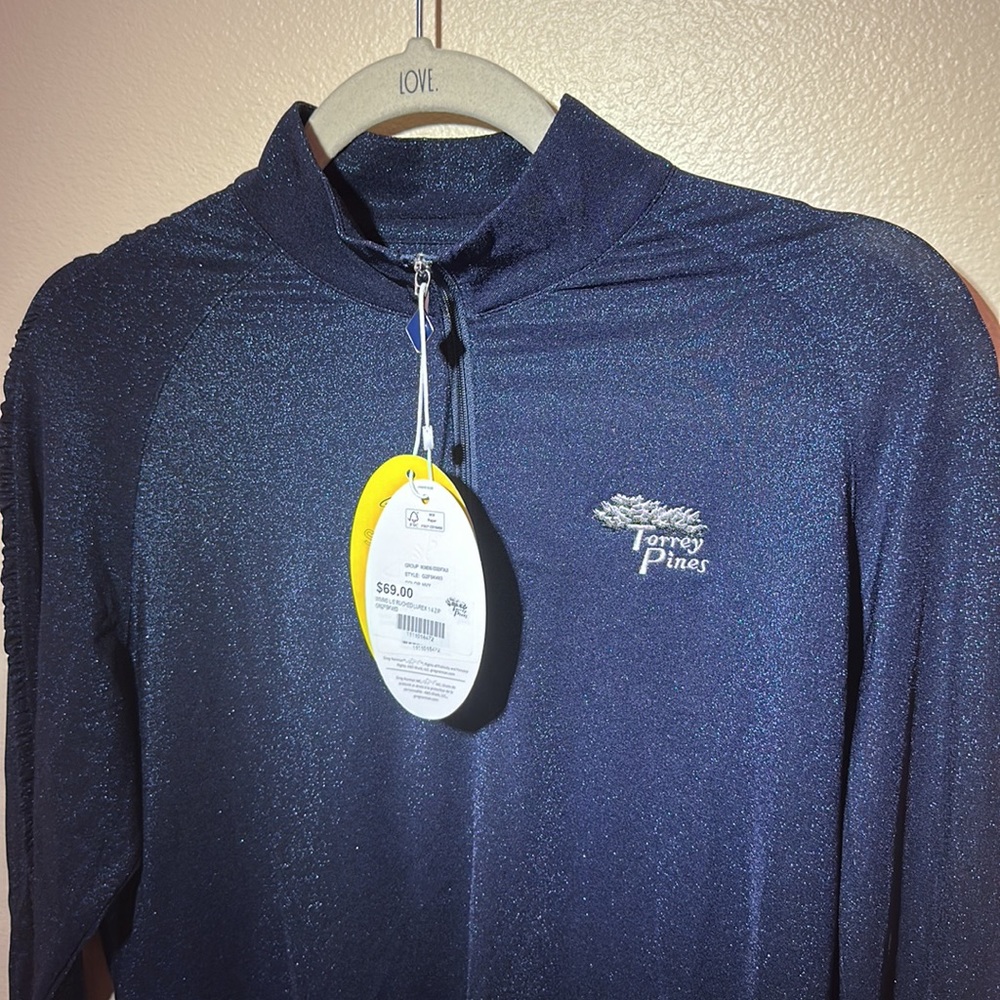 NWT. Woman’s Ruched lurex 1/4 zip long sleeve top. Size L. Torrey Pines edition. - Picture 2 of 6